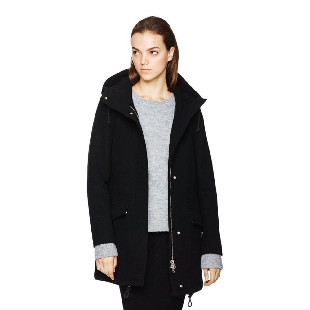 * Aritzia 𝅺WILFRED Black Gemma Hooded Wool Zip Front Coat w/ Cashmere Size S